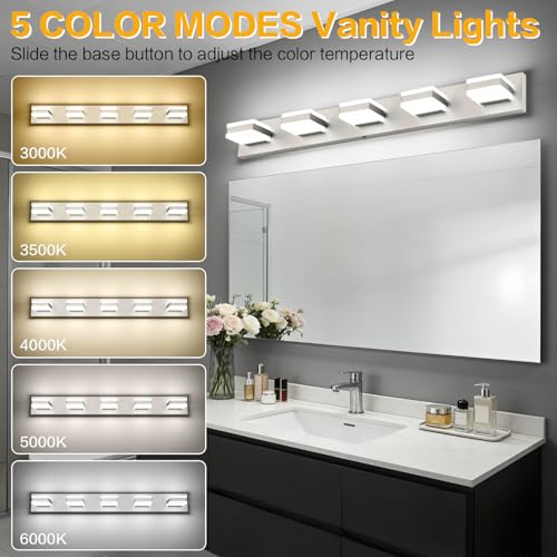 Image of SOLFART Brushed Nickel Vanity Lights for Bathroom, 5 Color Temperature Bathroom Light, Light Fixtures Over Mirror, Modern LED Lighting Adjustable Color 5CCT