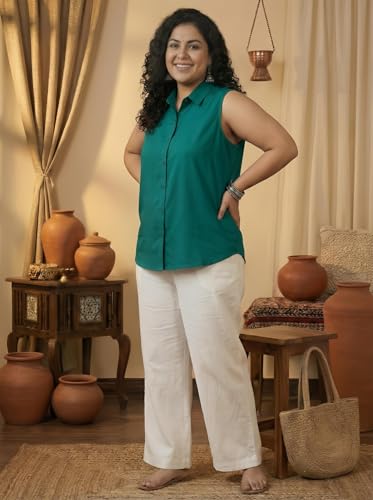 Image of Women Plus Size Sleeveless Button Down Shirt Polyester Formal Office Casual Wear Classic Fit Professional Shirt