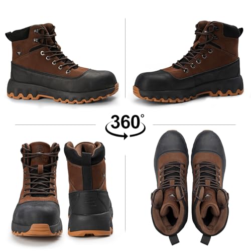 Image of Mens Work Boots Composite Toe Boots for Men Genuine Leather Rubber Sole No Slip Waterproof Shoes Industrial & Construction Safety Boots