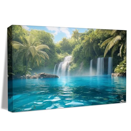 Jungle Waterfall and Palm Trees River Water Landscape Print Poster Picture HD Print Poster Retro Painted Modern Home Bedroom Room Aesthetic Decoration Canvas Art 8x10inch Framed