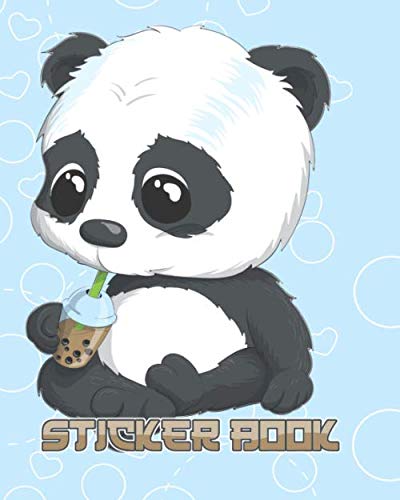 STICKER BOOK: Permanent Blank Sticker Collection Book for Boys and Girls with Cute Panda Bear and Bubble Tea, Album with White 8x10 Inch Pages for Collecting Stickers, Sketching and Drawing