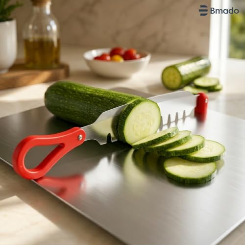 Image of Bmado 304 Stainless Steel Cutting Board with Vegetable Cutter | Premium Food Grade Countertop Chopping Board for Vegetables, Fruits & Bread | Heavy Duty, Durable, Safe | 310 x 340 x 1.3 mm
