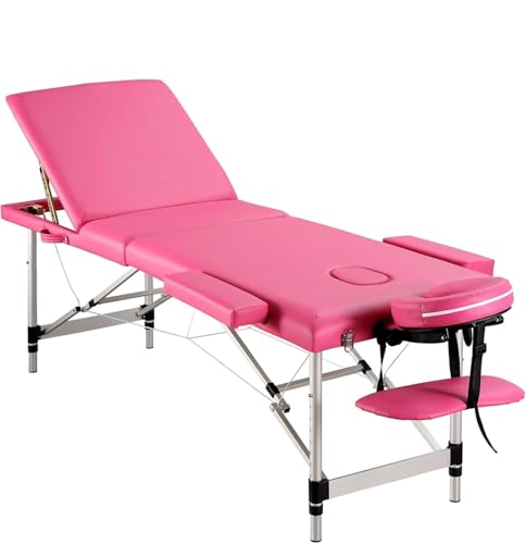 PSNKLMM Mesa de Masaje Profesional, Cama de Masaje Plegable de 3 Pliegues, 82 Pulgadas de Altura Ajustable para Fisioterapia Y Tatuaje(Pink)