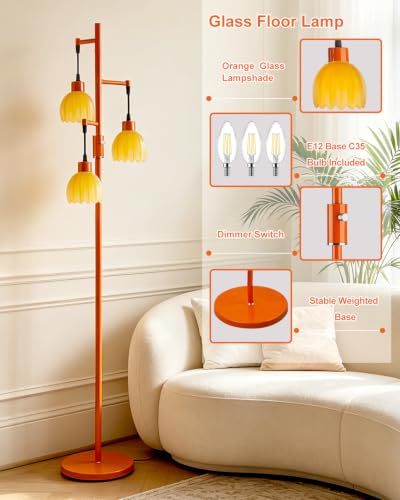 Image of Lightdot 65'' Glass Floor Lamp Dimmable Orange with Lotus Glass Shade & 3000K Bulbs Included 3-Lights Modern Tall Standing Lamp with 5Lbs Heavy Base for Living Room /Bedroom /Sofa /Corner Decor
