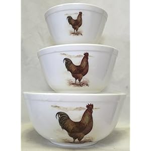 Mixing Nesting Bowls Set of 3 – American Made – Mosser USA – Milk Glass w/Chickens New Hampshire Red Roosters