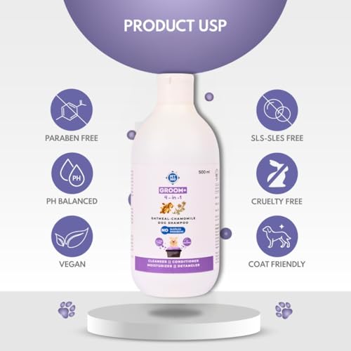 Image of PET360 Groom+ 4-In-1 Oatmeal Chamomile Dog Shampoo For All Coat Type | Detangle & Moisturize For Smooth & Itch-Free Hair With Aloevera | Sulphate & Parabens Free, 500 Milliliter