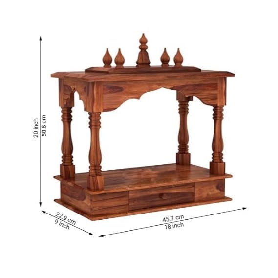 Image of Sheesham Wood Temple Solid Wood Classic Wooden Temple for Home, Office Pooja Mandir with 1 Drawer for Storage Home Decoration | Wall Devghar