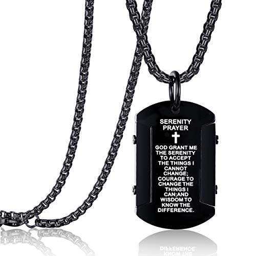 Rehoboth Men's Bible Verse Dog Tag Serenity Lord's Prayer Cross Pendant Necklace with 24 Inch Stainless Steel Chain for Women Men Silver Black Gold