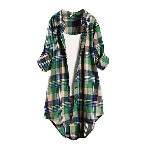 2025 Primavera Verano Europeo Americano Camisas de longitud media para mujer sueltas grandes de manga larga ropa exterior a cuadros con protección solar blusa temperamental para mujer turquesa a