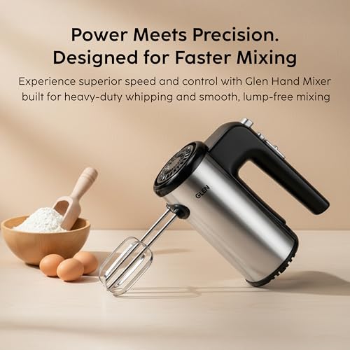 Image of Glen Electric Hand Mixer With Detachable Beater & Dough Kneader Hook|For Quick Mixing, Whisking, Whipping Cream, Cake & Eggs|200W|Safety Eject Feature, 5 Speed Setting, Turbo mode - Black /Grey