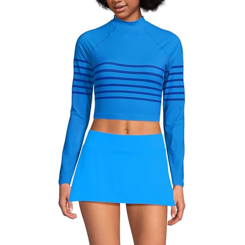 Lands' End Women's Long Sleeve Mock Neck Cropped UPF 50 Sun Protection Rash Guard X-Large Freshwater Blue Placed Stripe