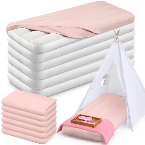 Windyun 6 Sets Kids Air Mattress Bulk with Fitted Sheet Toddler Inflatable Bed 63 x 27 x 8 Inches Blow up Airbed Camping Sleeping Pad for Aged 3-10 Birthdays Slumber Sleepover Party (Pink)