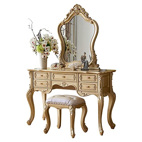 GGXX Massivholz Geschnitzte Leichte Luxus Schminktisch Aufbewahrungsschrank Schlafzimmer Schminktisch Schminktisch Schminkhocker Set Cover