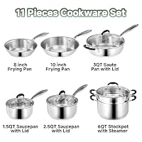 SLOTTET Stainless Steel Kitchen Cookware Set,11 Piece Pots and Pans Set with Steamer,Heat-resistant Handle,Non-Toxic,Induction,Oven,Dishwasher Safe — image 2