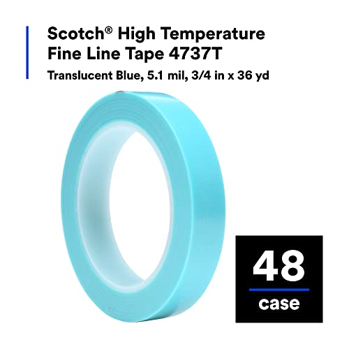 Image of Scotch High Temperature Fine Line Tape 4737T, Translucent Blue Color, Color Separation, Excellent Comformability, 5.1 mil, 3 /4 in x 36 yd, 48 /Case