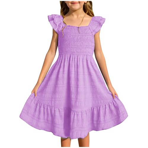 Girls Summer Dress Teen Girl Ruffle Sleeve Flowy Dresses Spring Cute Casual Cotton Boho Dress Beach Vacation Smocked Dress Square Neck A-Lined Graduation Dresses, Size 11 Years B-Purple