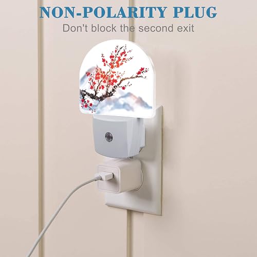 Image of Plug in Night Lights Oriental Cherry Tree Ink Painting Nightlight Plug Into Wall Dusk to Dawn Sensor LED Night Light for Kid Girls Boys Room Decor,Hallway,Kitchen,Bathroom,Nursery,Stairs