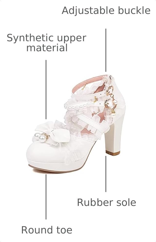 Image of FOREADA Lolita Shoes Platform Mary Jane Heels Kawaii Bow Lace Pearl Pumps | Vintage kawaii lolita styling ideal for dresses, with bead, lace, bow, ankle strap, pink, white and classic black colors