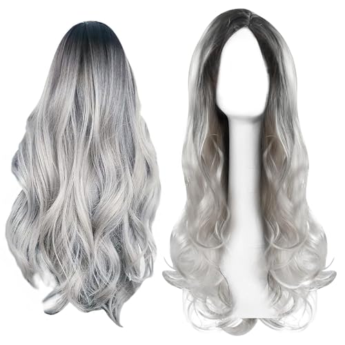 Parrucca di Halloween grigia da donna,Parrucca lunga grigia,Ombre argento grigio riccio,Parrucca sintetica naturale capelli sintetici per donne uso quotidiano cosplay feste in costume Halloween