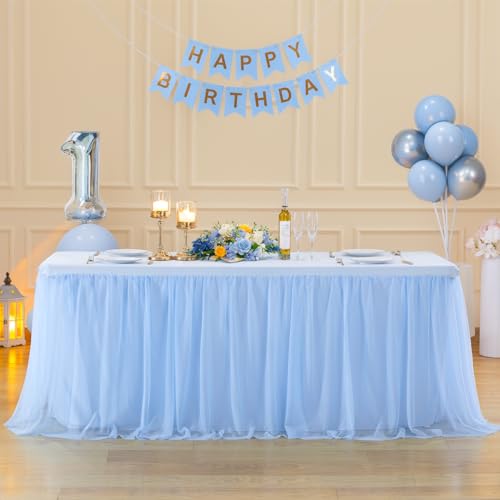 Suppromo 8ft Baby Blue Tulle Tablecloths for Rectangle Tables Light Blue 8 Foot Rectangular Table Cloth Wrinkle Free Table Cover with Tutu Skirt for Baby Shower Boy Birthday Party Banquet Buffet Cake by Suppromo - Image 2