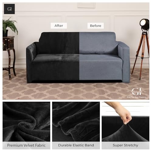 Image of Gifts Island Premium Velvet Sofa Cover 3 Seater and 2 Seater Fully Covered Universal 5 Seater Sofa Cover Non-Slip Sticky Elastic Stretchable Slipcover (Velvet Black)