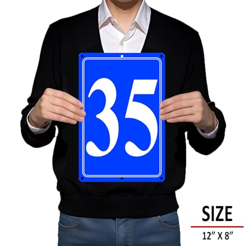 Image of Premium Aluminum Number Signs 35, Metal 12 inch X 8 inch Blue Numbered Signs Outdoor for Parking Lots, Floor, Dock, Court, Aisle, Field, High Visibility, No Fade, Weather-resistant