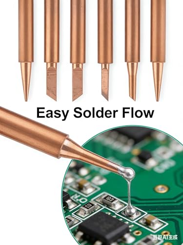 Image of 6Pcs Pure Copper Solder Tips Set for 936 Soldering Iron Handles, Pointed, Knife, Horseshoe, Flat Tips, with Quick Heat Up, Non Magnetic, Suitable for Speaker Welding soldering iron tips soldering tips
