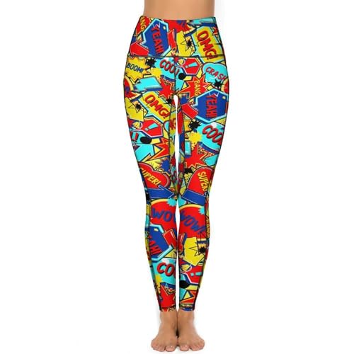 XVBCDFG Yoga-Leggings mit Totenkopf-Motiv, Damen, rosafarbene Rosen, Yogahose mit Tasche, hohe Taille, Bauchkontrolle, Workout-Hose, Comic Book Word, M
