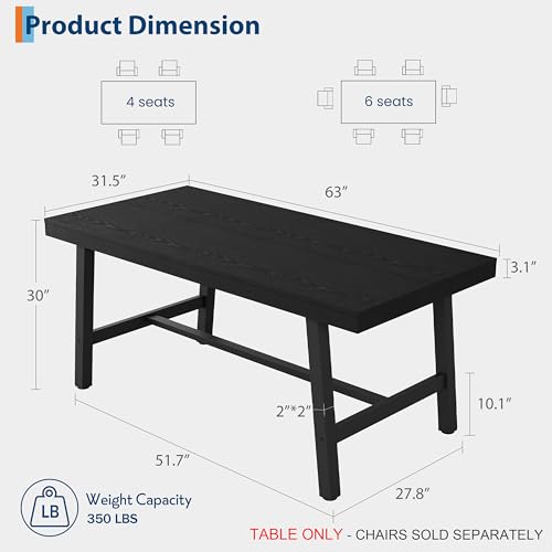 Image of GarveeHome Industrial Dining Table for 4-6 People, 63 inch Long Large Kitchen Table with Sturdy Metal Frame, Rectangular Counter for Dinner, Kitchen, Dining Room (Black, 63 inch Non-extendable)