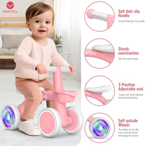 Image of Umatoll Colorful Lighting Baby Balance Bike Toys for 1 Year Old Girl Gifts, Adjustable Seat, First Birthday Gifts, 12-24 Months Toddler Bike, New Pink