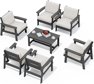 SERWALL HDPE Outdoor Furniture Set, 7 Piece All Weather Wood-Like Outdoor Sofa Sectional Couch, Grey Patio Furniture Set with Khaki Cushions