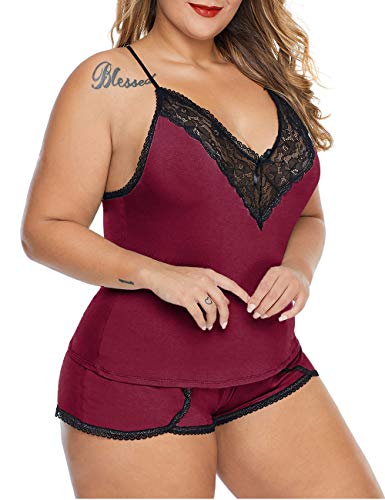 Image of Women Plus Size Pajamas Cami Shorts Set Nightwear Sexy Lace Lingerie Sleepwear
