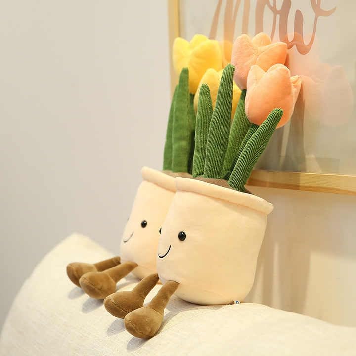 Image of Tulip Flower Plush Pillows, Flower Pot Stuffed Plushie Decoration, Soft Fluffy Plants Friend Hugging Toys, for Office Kids 30 cm