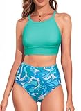 Herseas Womens Bikini Sets Floral Print Full Coverage Padded Wirefree Tankini High Waisted 2 Piece Popular Swimsuits Teen Blue Stripes Best Bathing Suits Cruise Essentials X-Large