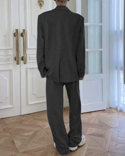 Voghtic 2 Piece Business Casual Outfits for Women Loose Long Blazer Jackets and Dressy Wide Leg Pants Suit Set Pockets3