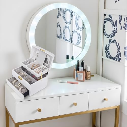 Image of BucketList Luxury PU Leather Jewellery Box with Mirror & Lock | Multi-Layer Organizer with Drawers, Ring Slots & Handle | Premium Storage Case (3 Layer Jewellery Box With Mirror (White))
