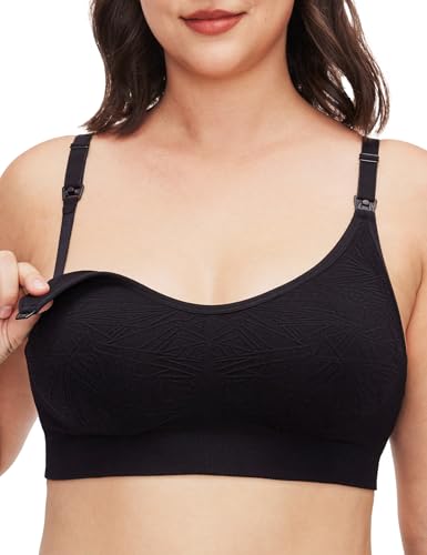 Image of HOFISH Nursing Bras for Breastfeeding, Seamless Wirefree Ribbed Maternity Bra, Soft Support Geometric Pregnancy Bra Black XL