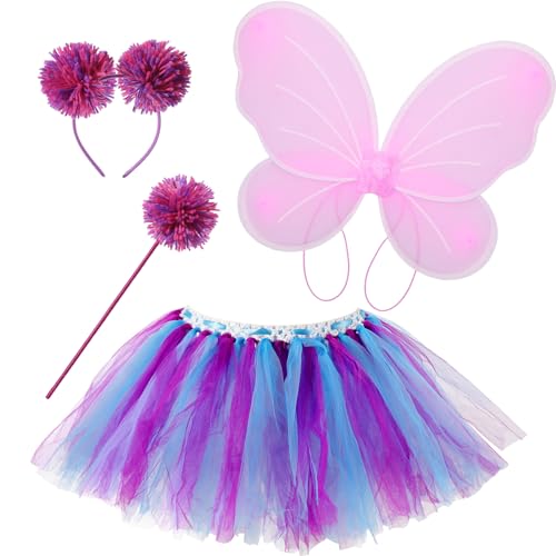 Haysandy 4 Pcs Pink and Purple Costume Set for Girls Tutu Skirt Fairy Butterfly Wings with Pom Headband Bopper Pom Wand (10.6 Inches)
