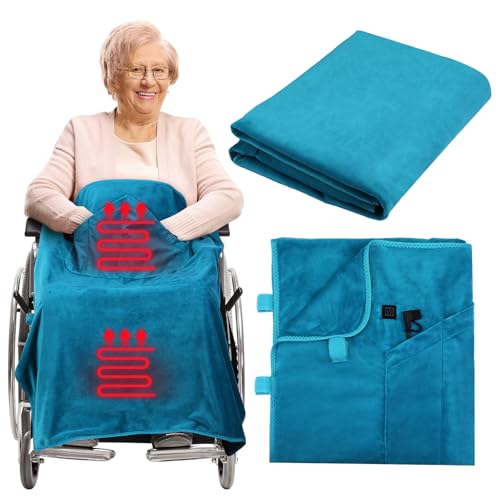 Hahafelt 12v Heated Flannel Wheelchair Blanket, Blue Portable Heated Throw for Elderly 2 Heating Zones, Camping Essentials, Elderly Gift