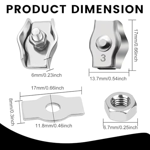 10 Stück Drahtseilklemme, 3mm Seilklemme, M3 Drahtseilklemme, Edelstahl 304 Drahtseilklemmen Drahtklemme für Drahtseil Stahlseil Wäscheleinenspanner Markise Fixiert