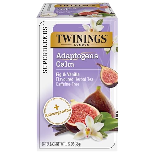 Image of Twinings Superblends Adaptogens Calm with Ashwagandha Fig & Vanilla Flavoured Herbal Tea Caffeine-Free, 18 Tea Bags (Pack of 1), Enjoy Hot or Iced