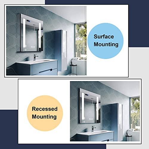 Fralimk Recessed Or Surface Led Medicine Cabinet, Lighted Mirror Cabinet With Lights, 24X30 In Bathroom Wall Cabinet With Defogger, Dimmer, Date/Time & Room Temp Display, 3X Makeup Mirror, Outlets #TOP6