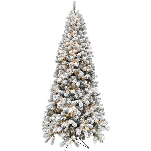 Fraser Hill Farm Alaskan Flocked Christmas Tree, 9 Feet Tall, Faux Tree with White Incandescent Smart Lights, Lights with Easy to Connect and Set up Features, Modern Holiday Décor