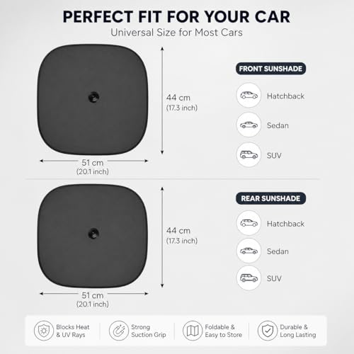 Image of AutokraftZ 𝗨𝗻𝗶𝘃𝗲𝗿𝘀𝗮𝗹 Car Window Sunshade (𝗣𝗔𝗖𝗞 𝗼𝗳 𝟰) - 𝗘𝘅𝘁𝗿𝗮 𝗗𝗮𝗿𝗸 Sun Protection for Heat Reduction Sun Shade with Suction Cups Car Glass Shield & Blinds