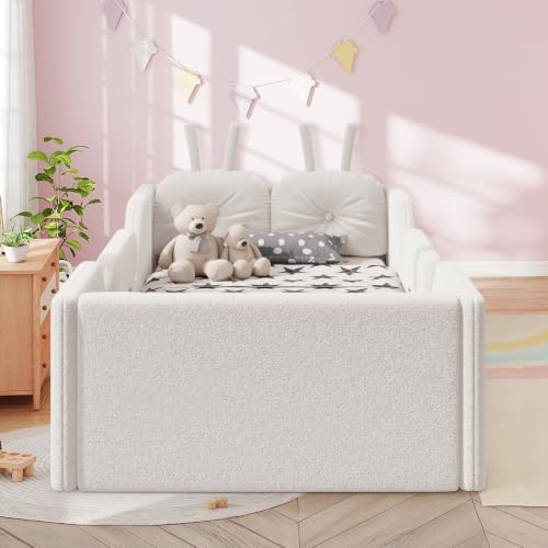 Image of Twin Size Kids Bed with Rabbit Cushions, Upholstered Boucle Fabric Platform Floor Twin Daybed with Removable Side Rail, Space-Saving Wooden Corner Sofa Couch Bed Frame for Girls, Boys, Teenager(White)
