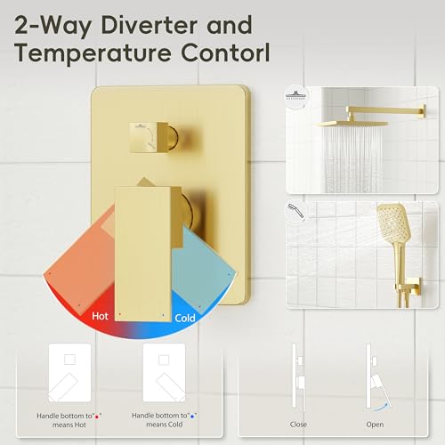 Image of Gabrylly Shower System Gold, Wall Mounted Shower Faucet Set for Bathroom with High Pressure 10 inch Rain Shower head and 3-Setting Handheld Shower Head Set, 2 Way Shower Valve Kit, Brushed Gold
