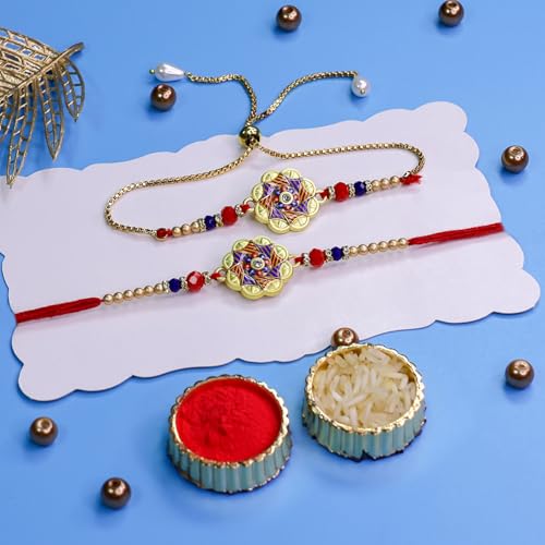 Image of Oblivion Rakhi Set for Brother and Bhabhi - Peacock with Feather Gift for Bhai & Lumba for Bhabhi with Silver Colour Coin and Greeting Card - Raksha Bandhan Combo