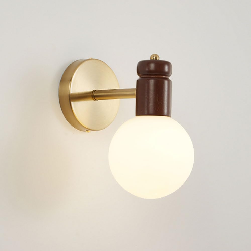 SMCCYYSD Wall Lamps,Globe Glass Sconce Retro Solid Wood Light White, Finish Lamp E27Walnut Sconces