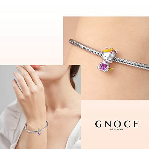 Image of GNOCE Embraces Heart Gemstone Bead Charms 925 Sterling Silver Wolf Fox Bear Husky Hedgehog Astronaut Chihuahua Dinosaur Rabbit Koala Axolotl Angel Tiger Dog Unicorn Cat Jewelry Gift for Women