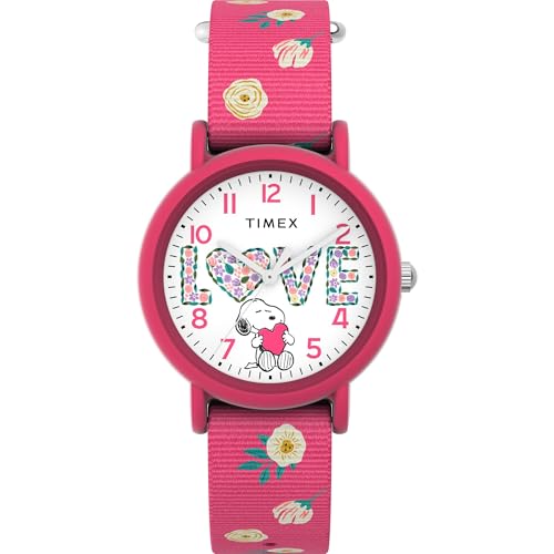 Montre Peanuts Timex Cadran Blanc Fleuri et Boîtier Rose Fluo 34 mm
